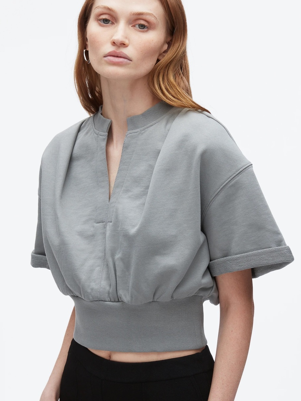 3.1 Phillip Lim Short Sleeve V Neck Cropped Sweatshirt in Gray